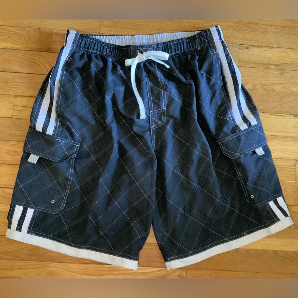 RS Surf L Swim Trunks Board Shorts Gray Plaid Water Sports Net Brief EUC
